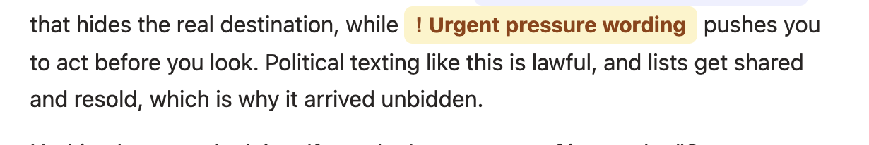 A sentence from a check's investigation summary with the label "Urgent pressure wording" highlighted inline, mid-paragraph.