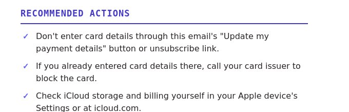 The top of a real check: a Recommended Actions heading followed by three checkmark steps, including not entering card details through the email's button or unsubscribe link.