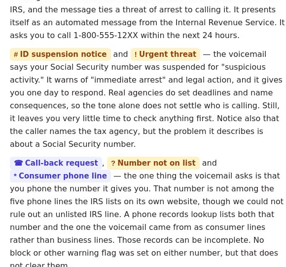 A slice of the investigation summary with the labels ID suspension notice, Urgent threat, Call-back request, Number not on list, and Consumer phone line highlighted inline.
