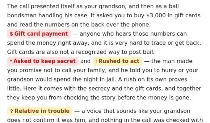 A slice of the investigation summary with the labels Gift card payment, Asked to keep secret, Rushed to act, and Relative in trouble highlighted inline.