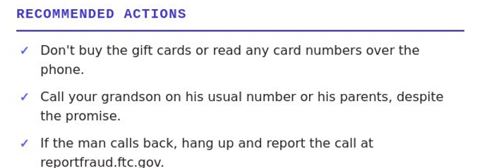 The top of a real check: a Recommended Actions heading followed by three checkmark steps, including calling the grandson directly instead of trusting the caller.