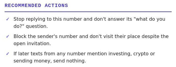 The top of a real check: a Recommended Actions heading followed by three checkmark steps, including sending nothing if a later text brings up investing or crypto.