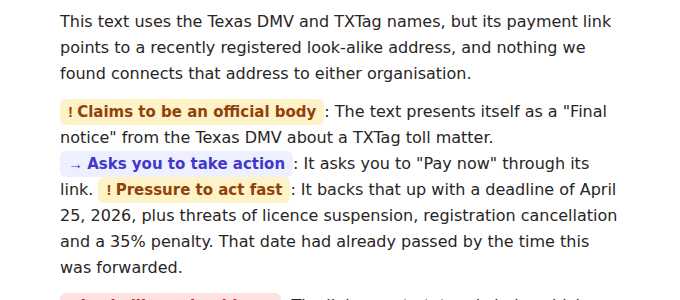 A slice of the investigation summary with the labels Claims to be an official body, Asks you to take action, and Pressure to act fast highlighted inline.