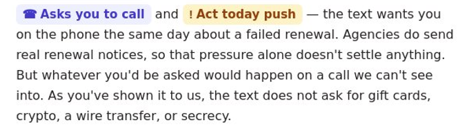 A slice of the investigation summary with the labels Asks you to call and Act today push highlighted inline.