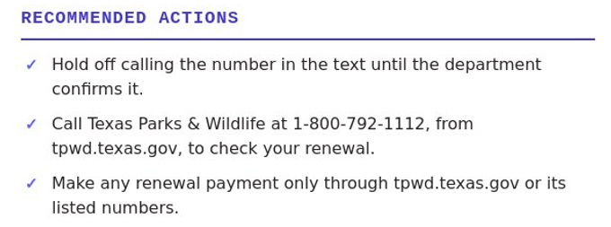The top of a real check: a Recommended Actions heading followed by three checkmark steps, including holding off calling the number in the text and checking with the department's own published number instead.