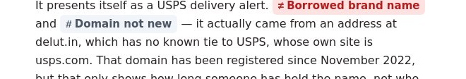 A slice of the investigation summary with the labels Borrowed brand name and Domain not new highlighted inline.