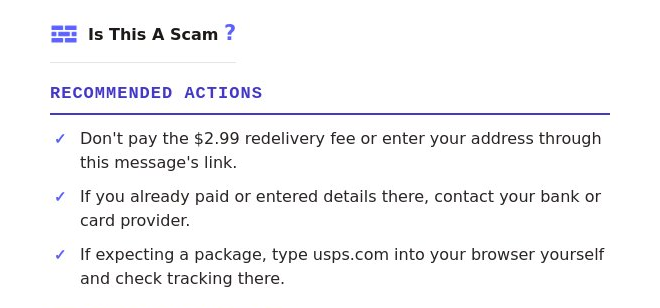 The top of a real check: a Recommended Actions heading followed by three checkmark steps, including not paying the fee or entering an address through the message's link.