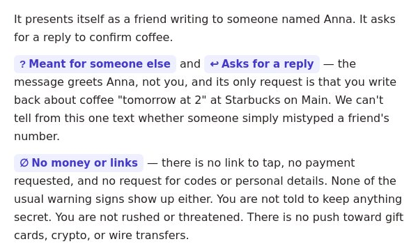 A slice of the investigation summary with the labels Meant for someone else, Asks for a reply, and No money or links highlighted inline.